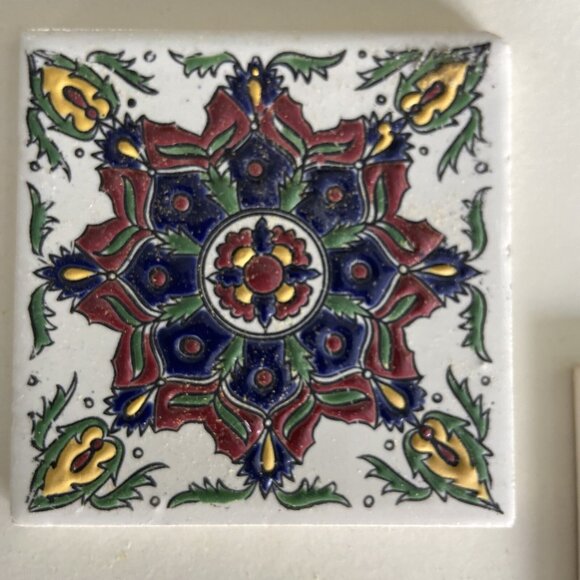 2 Vintage NASSOS RODOS Handmade Greek Tile Coaster Enamel Ceramic Floral Design - Picture 4 of 8